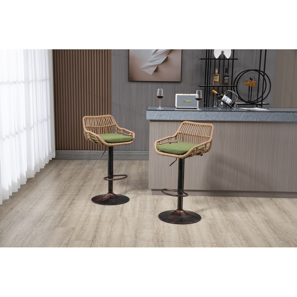 Bar Stools Set of 2 Adjustable Counter Height Dining Chairs  360掳 Swivel Bar Chairs with Rattan Back Linen Cushion   Footrest