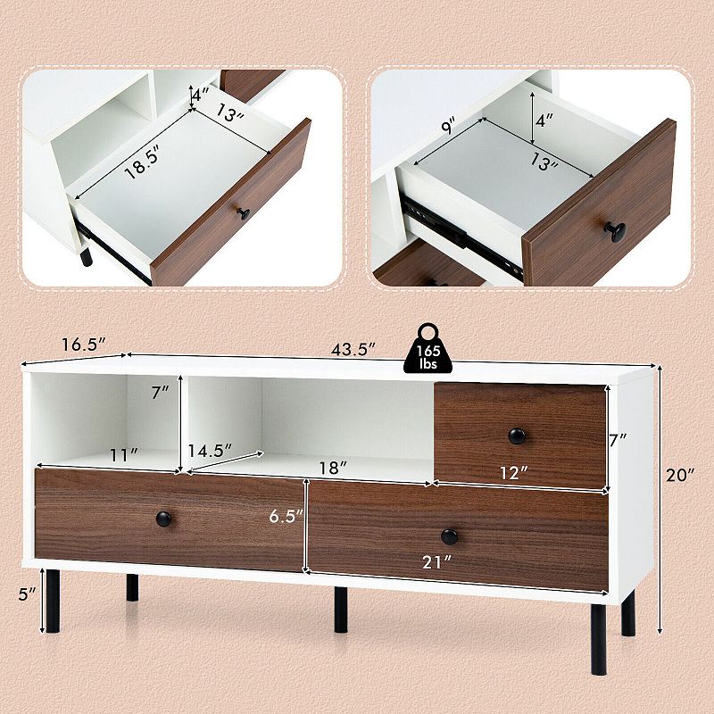 Mid-century Tv Stand For 50-inch Tvs With 2 Cubbies And 3 Drawers