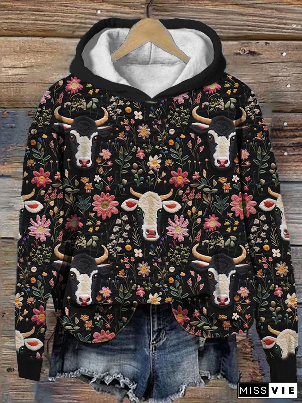 Flower & Cow Western Embroidery Hooded Sweatshirt