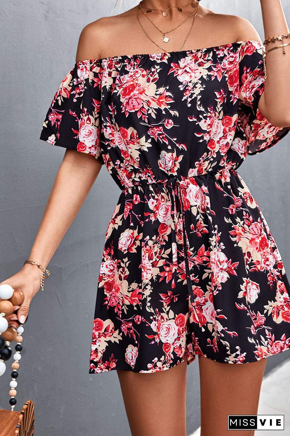 Floral Print Off Shoulder Shorts Jumpsuit Wholesale