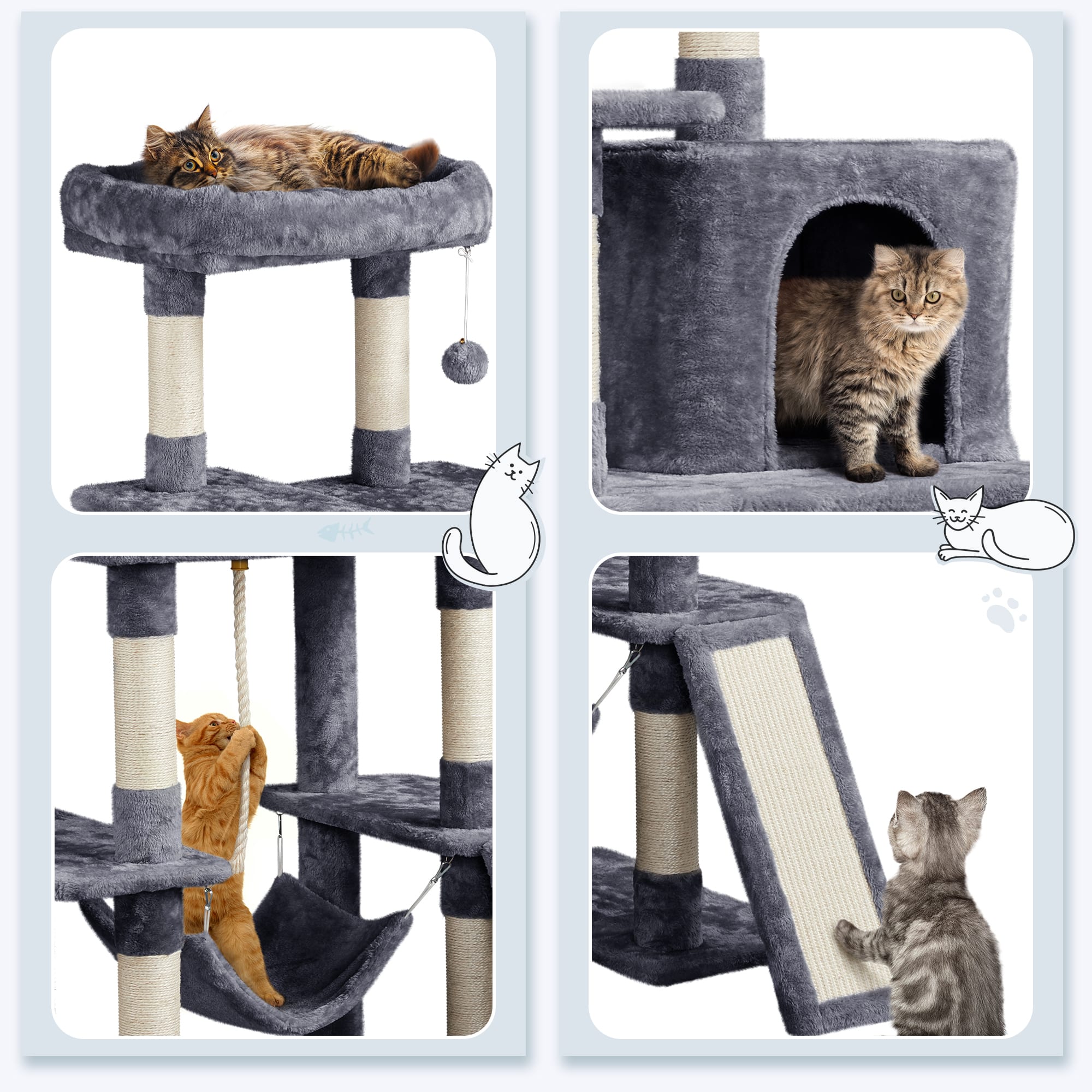 Topeakmart Dark Gray 4-Level Plush Cat Tree with Hammock for Kittens， 63