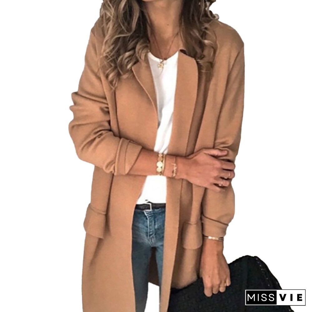 Women Eleagnt Office Lady Blazer Casual Fake Pocket Long Sleeve Long Coat Turn-down Collar Suit Vintage Fashion Winter Jacket