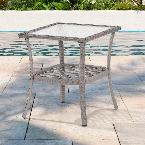 AOOLIMICS Outdoor Brown Square PE Wicker Corrugated Glass Side Table