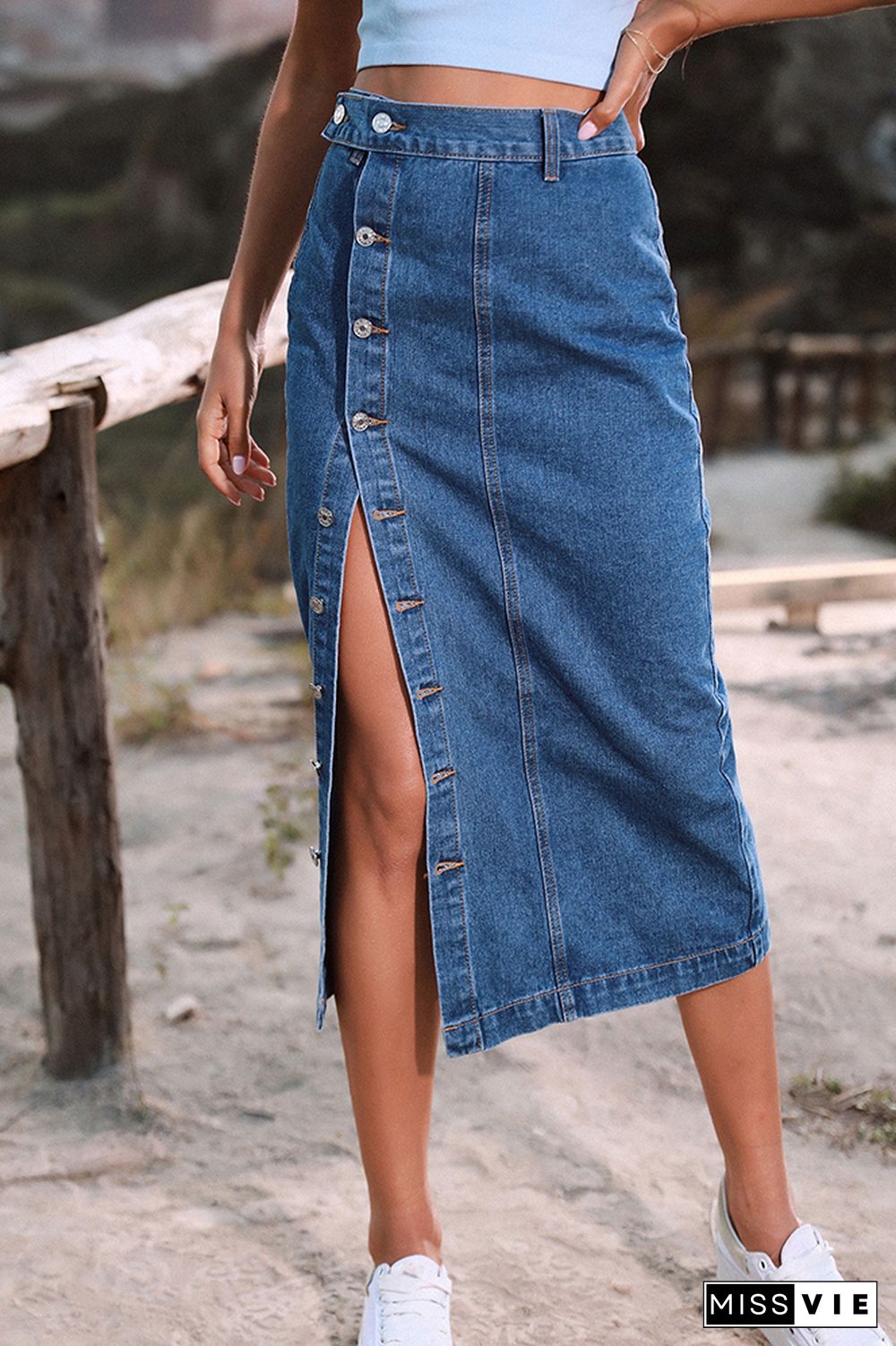 Slit Buttons High Waist Denim Skirt Wholesale