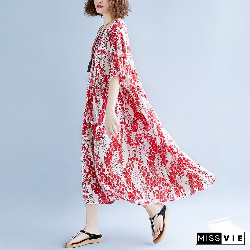 women red linen maxi dress oversize short sleeve print long cotton dresses fine o neck traveling clothing