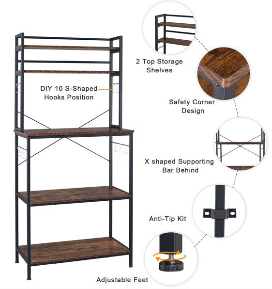 5-Tier Kitchen Bakers Rack with 10 S-Shaped Hooks， Industrial Microwave Oven Stand