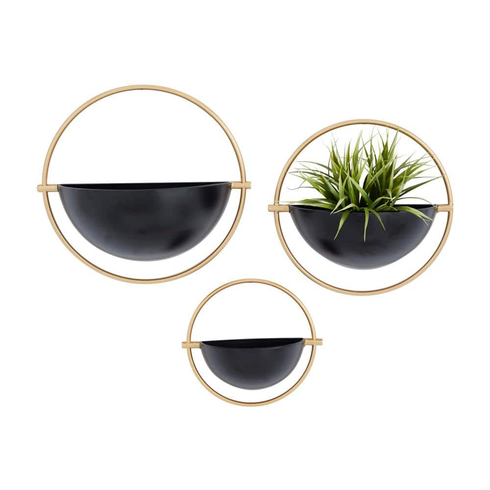 Litton Lane 15in. Medium Black Metal Geometric Indoor Outdoor Wall Planter (3- Pack) 041056