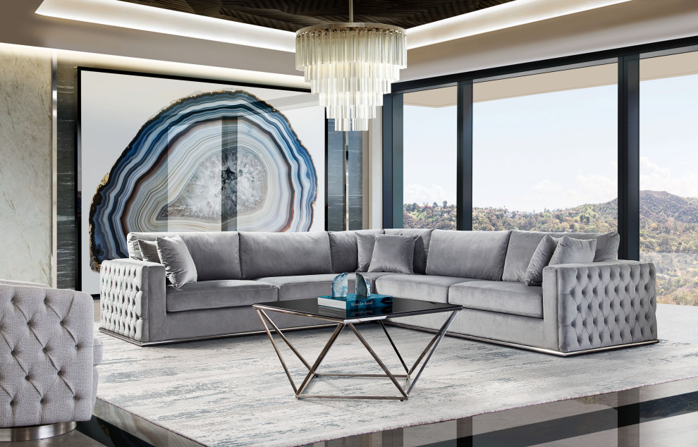 Envy 3 Piece Sectional  Platinum Gray Velvet With Detail and Silver Metal Trim   Contemporary   Sectional Sofas   by HedgeApple  Houzz