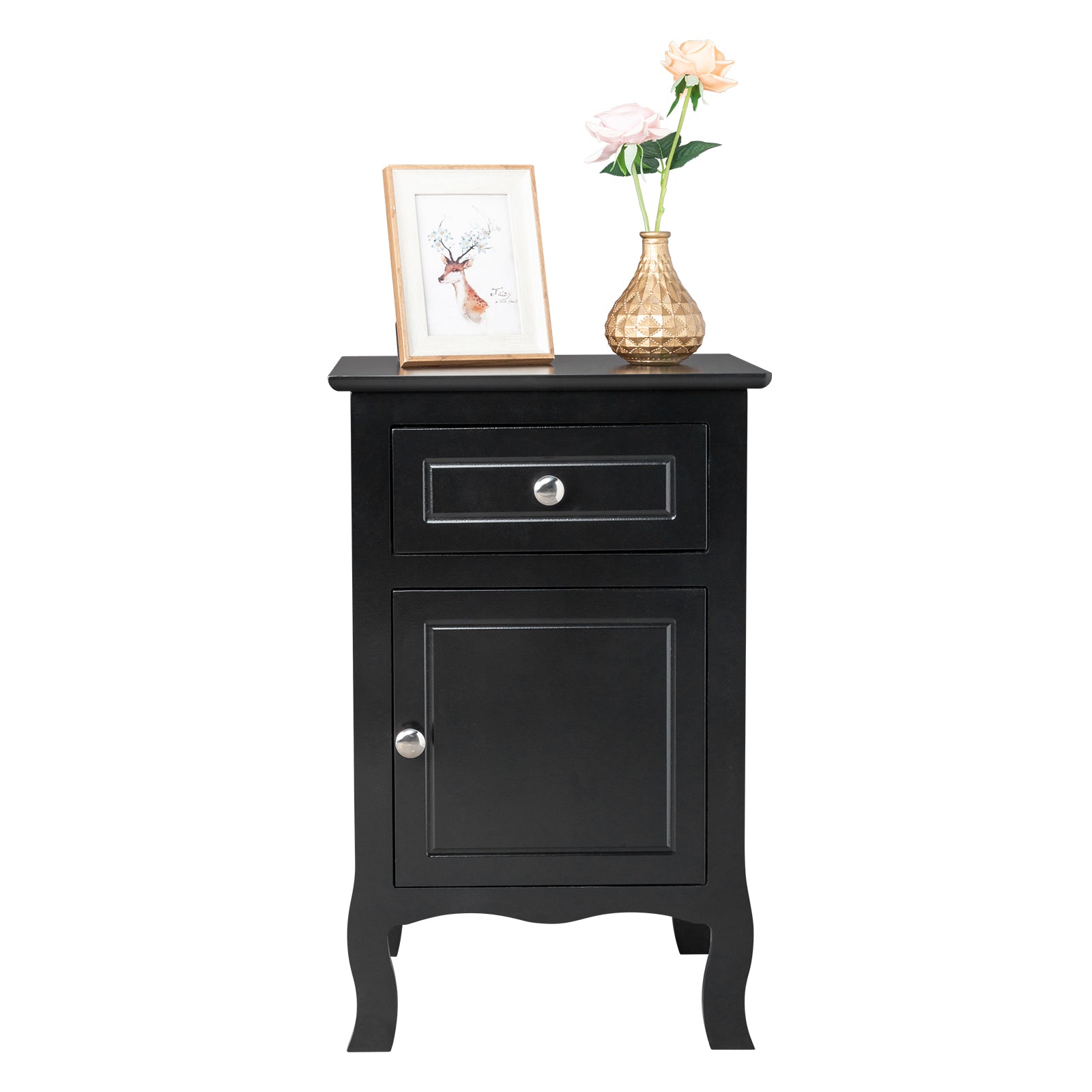 Set of 2 Nightstand Bedroom Bedside Table with Drawer and Cabinet Storage, Country Style Night End Table with Mental Handle, Suitable for Living Room Bedroom, Black