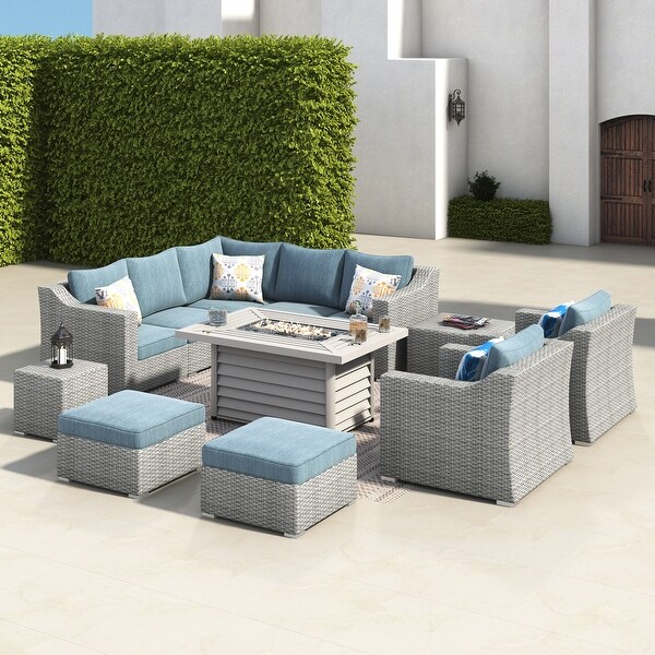 Corvus Martinka 12pc Outdoor Grey Wicker Fire Pit Sectional Sofa Set