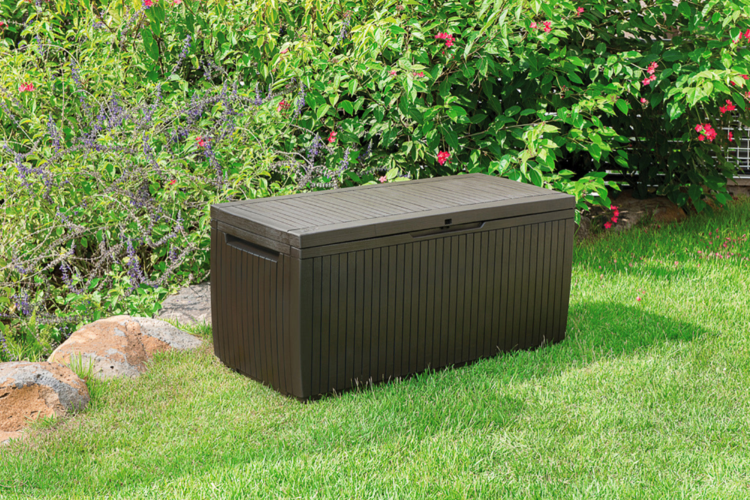 Keter Springwood Patio Outdoor 80 Gallon Plastic and Resin Deck Box, Brown