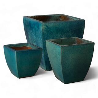 Emissary 19 in. L x 21 in. H Teal Ceramic Square Planter with Drainage Hole 0554TL-3