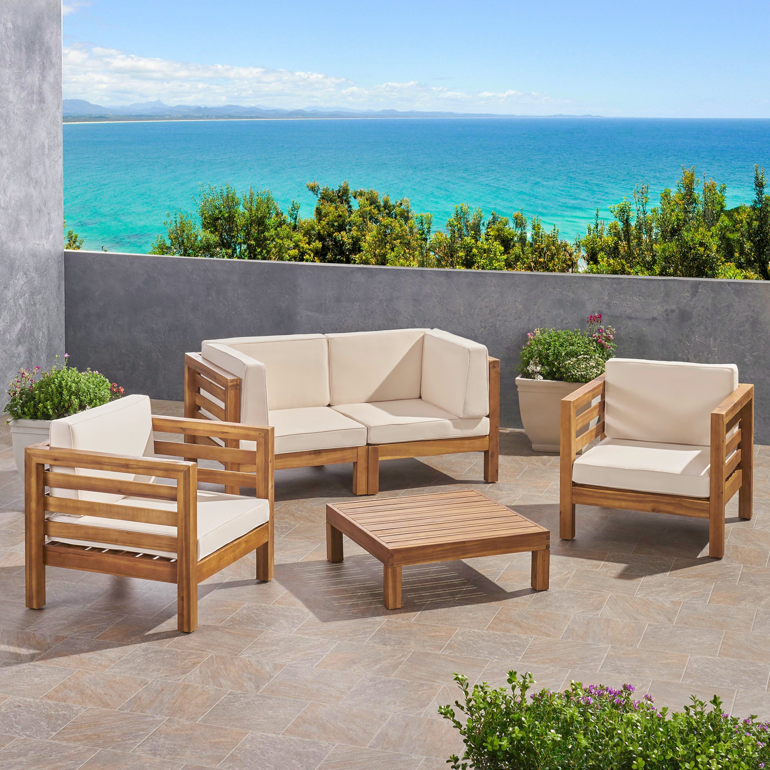 Emma Outdoor 4 Seater Acacia Wood Loveseat Chat Set