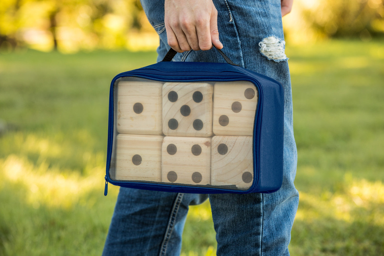 Triumph Big Roller Six Large Wooden Lawn Dice Set for Outdoor Use with Included Dry-Erase Scorecards， Markers， and Carry Bag