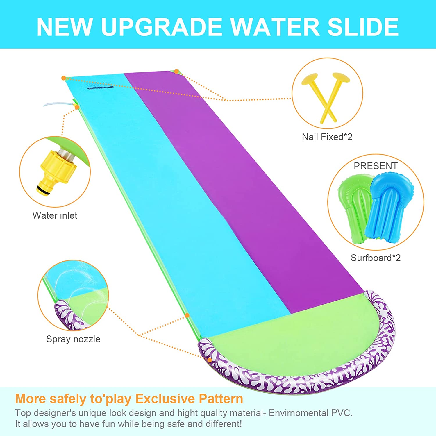 Terra Exciting Lawn Water Slide for Kids Slip and Slide, Water Slide Waterslide with 2 Boogie Boards 15.8' Foot 2 Sliding Racing Lanes with Sprinklers Water Slides for Entertainment