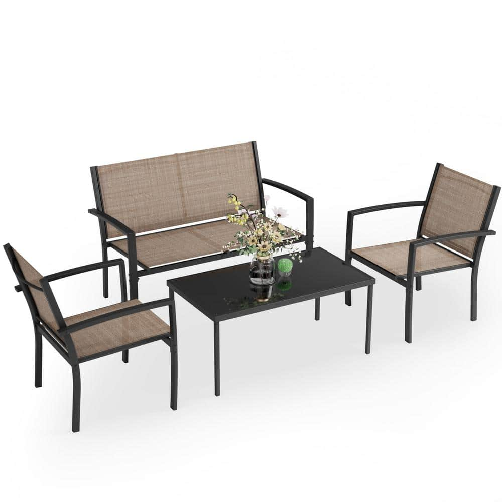 Tozey Brown 4-Piece Metal Outdoor Bistro Set Patio Conversation Set Glass Coffee Table T-LCT901D8