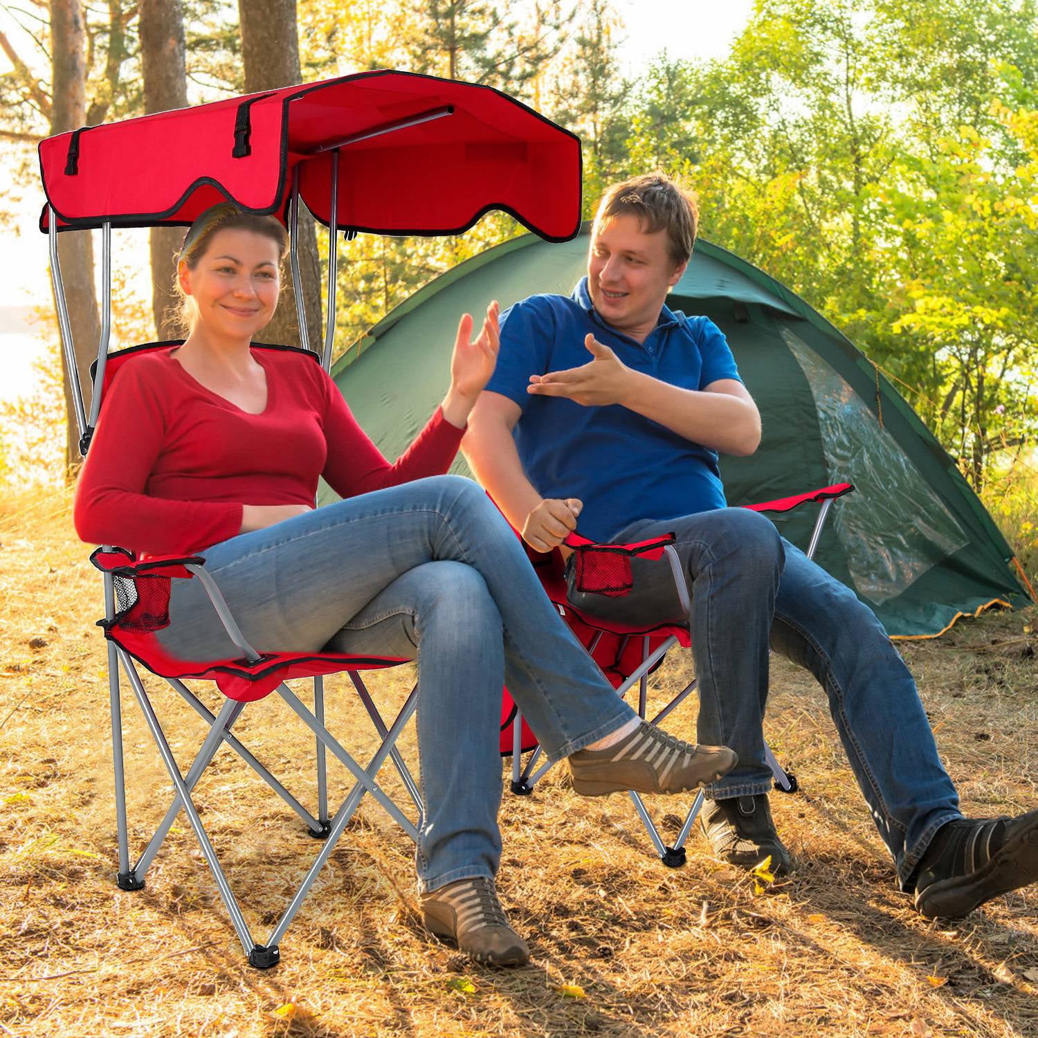 Beach Chair with Canopy Shade， iMountek Folding Canopy Camping Sports Chair， Red