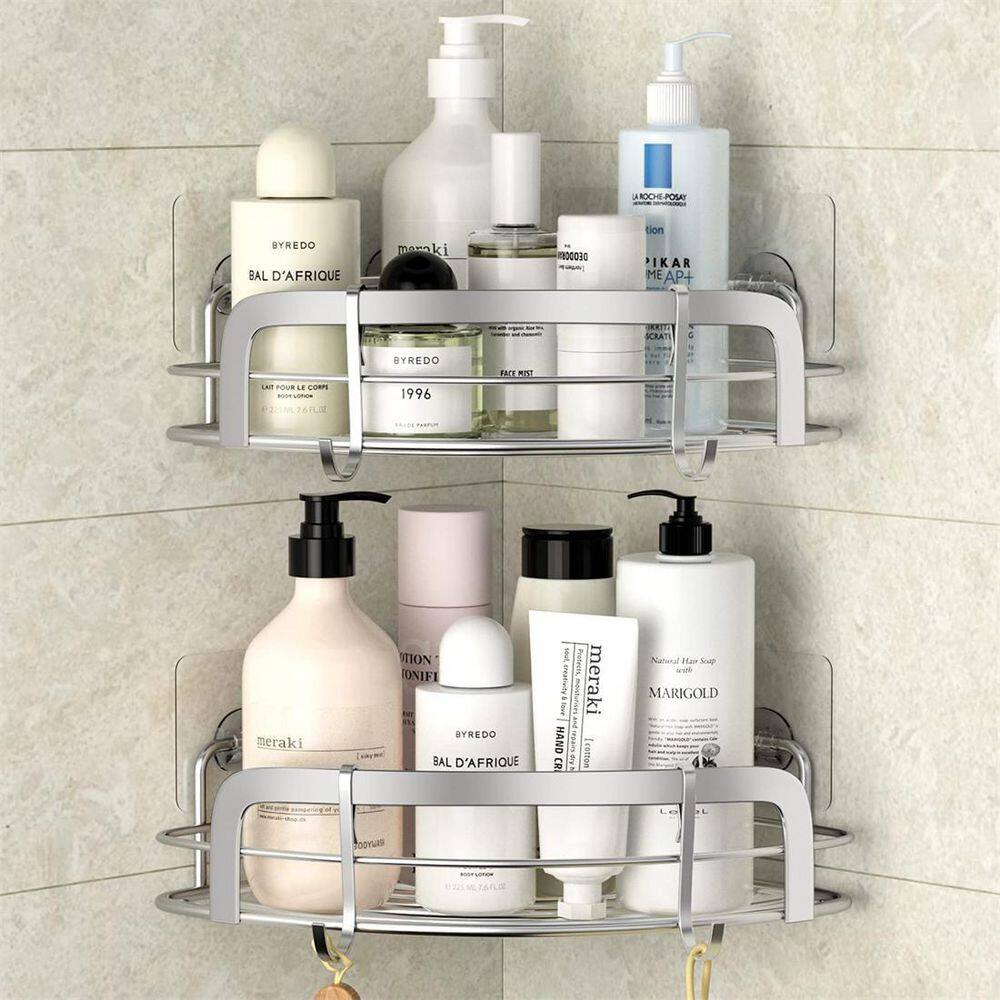 Dracelo Wall Mounted Bathroom Shower Caddies Adhesive Coner Storage Basket with Movable Hooks in Silver 2-Pack B08K8LLFQ6