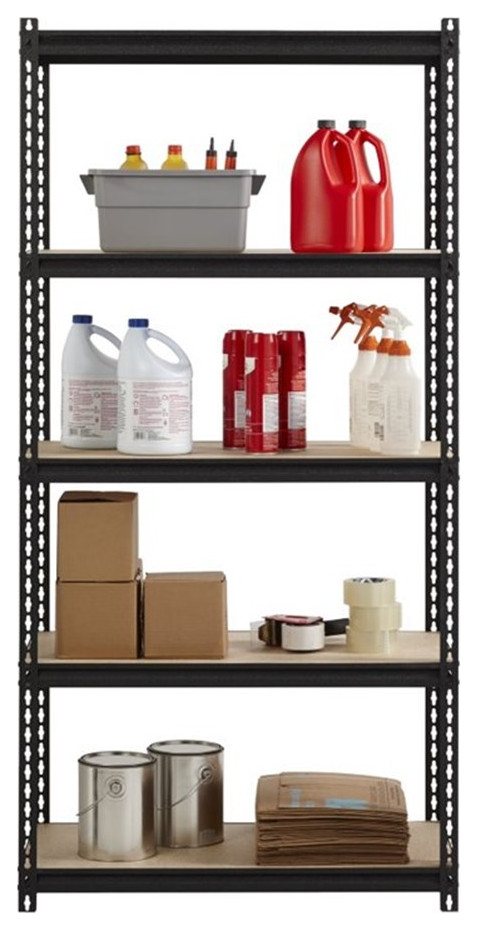 Pemberly Row Riveted Metal Shelving 4 Shelf Unit 18D x 36W x 60H in Black   Industrial   Bookcases   by Homesquare  Houzz