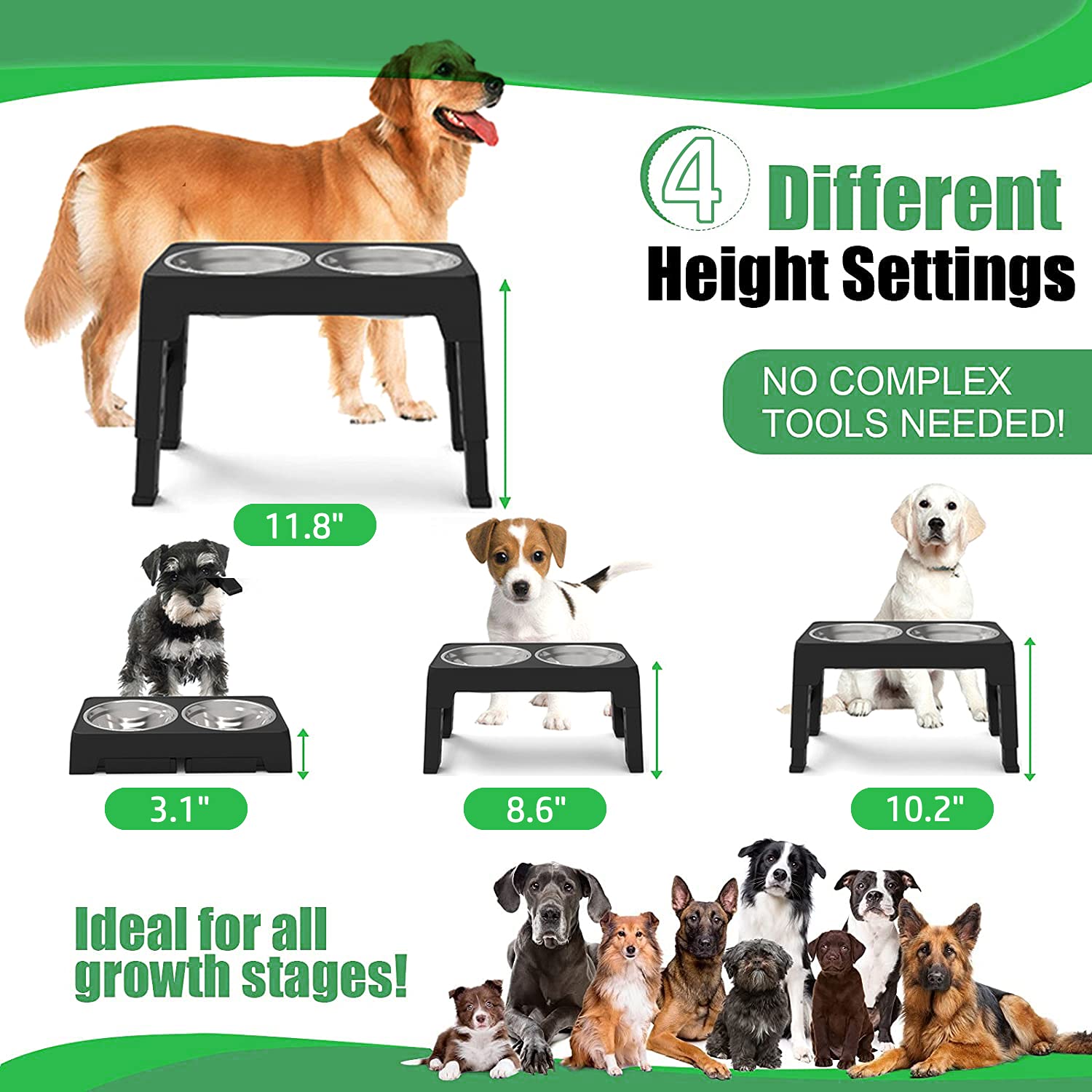 Elevated Dog Bowls Adjustable Raised Dog Bowl Stand with Double Stainless Steel Dog Food Bowls Adjusts to 4 Heights for Small Medium Large Dogs and Pets