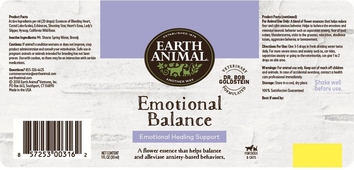 Earth Animal Natural Remedies Emotional Balance Liquid Homeopathic Calming Supplement for Dogs and Cats， 1-oz bottle