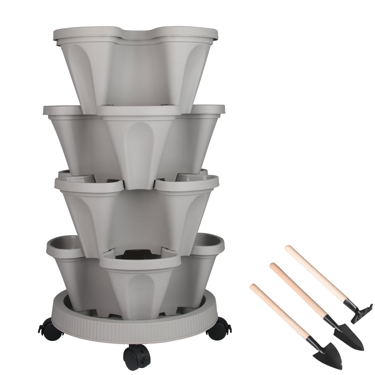 Stackable Planters 4 Tier Vertical Tower Garden Planters Strawberry, Herb, Flower, and Vegetable Planter Indoor Outdoor Gardening Pots with Removable Wheels and Tools-Gray