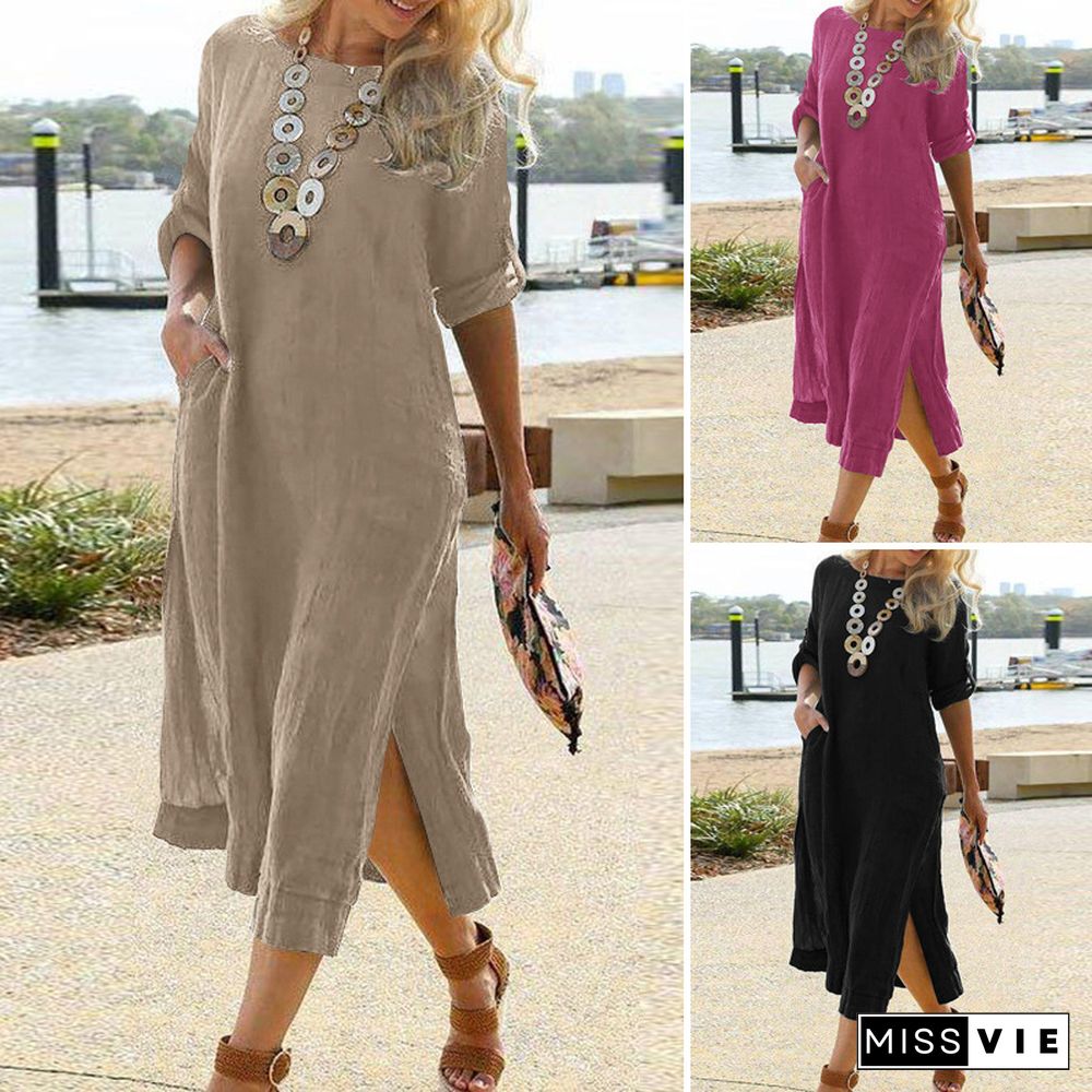 Cotton Casual Retro Long Shirt Dress Long Sleeve Hem Slit Skirt