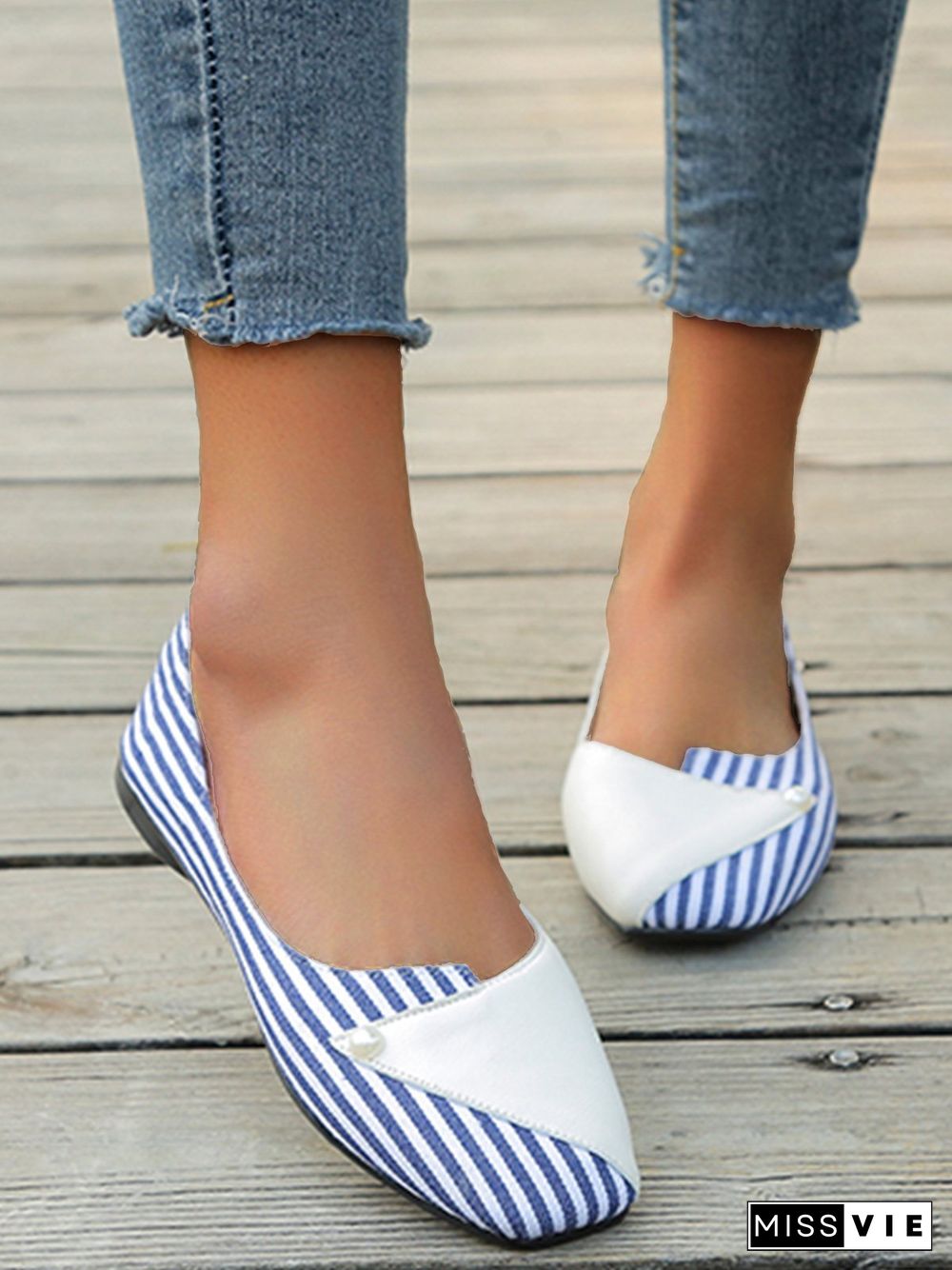 Women Striped All Season Urban Split Joint PU Pu Slip On Standard Shallow Shoes Flats