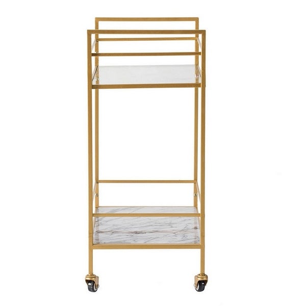 28 Inch Rolling Bar Cart， Modern， 2 Tier， Caster Wheels Glass Shelves， Gold - 32 H x 14 W x 28 L Inches