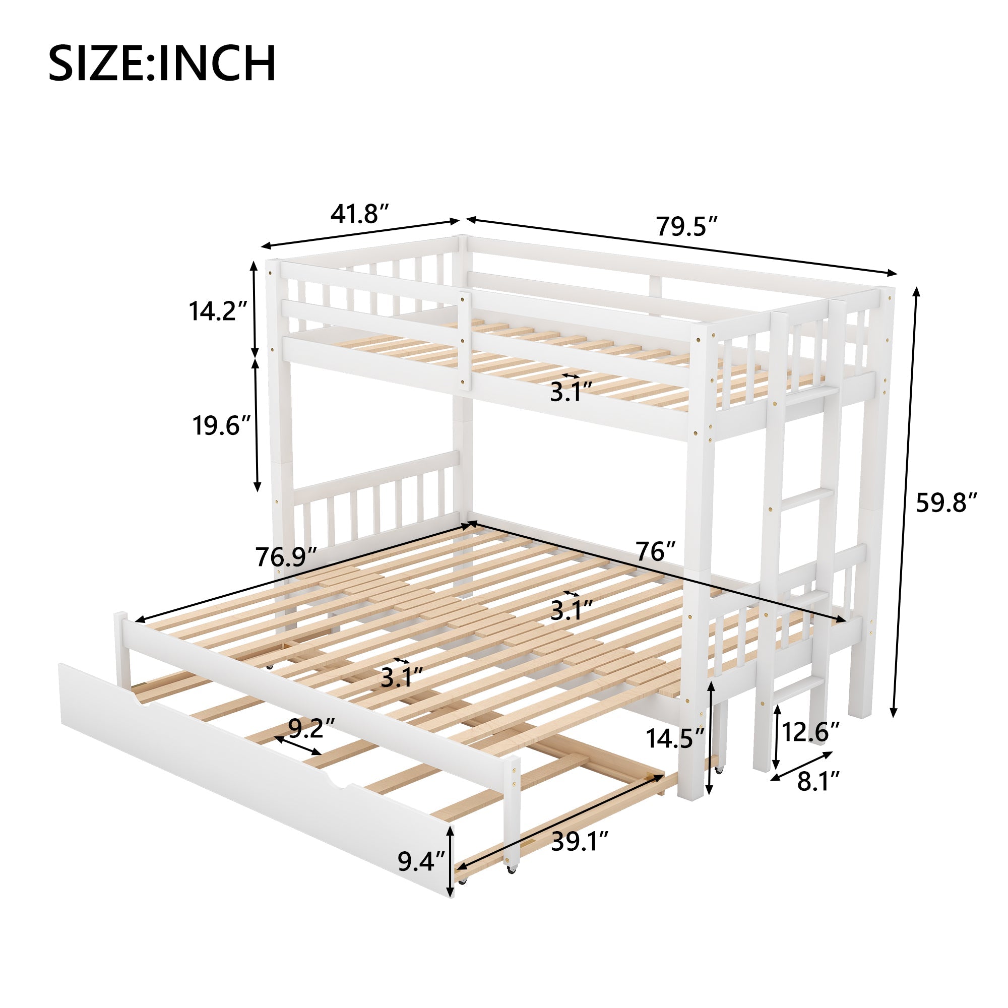 Euroco Wood Twin over Twin/King Bunk Bed with Trundle for Kids, White