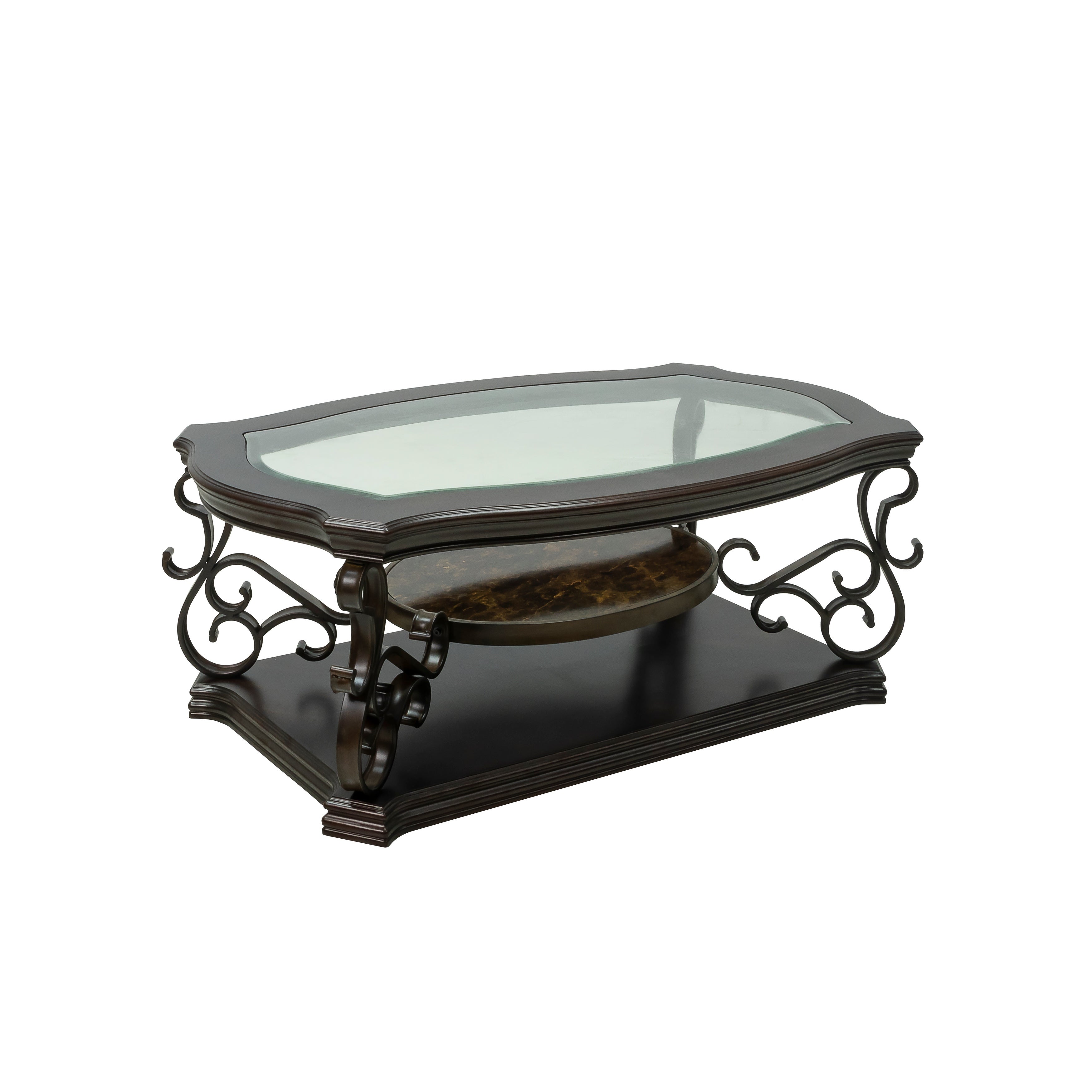 52 in. Dark Brown Irregular Glass Table Top Coffee Table With Shelf