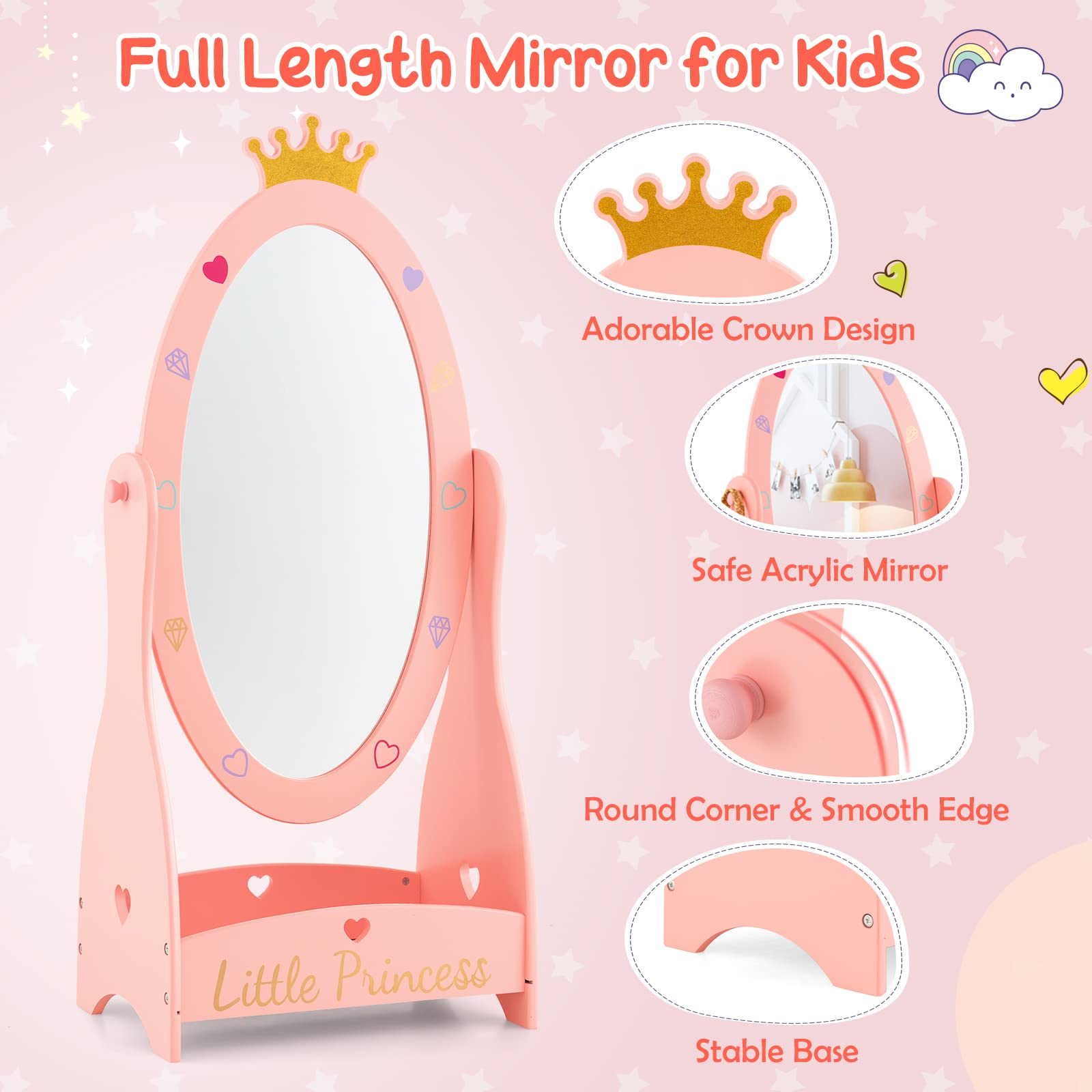 Costzon Kids Full Length Mirror, Princess Floor Free Standing Mirror