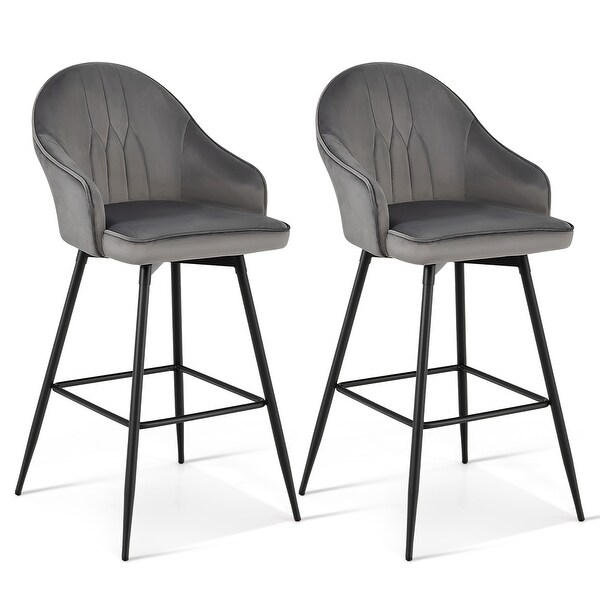 Set of 2 Bar Stools Swivel Velvet Upholstery Bar Chairs w Steel Legs