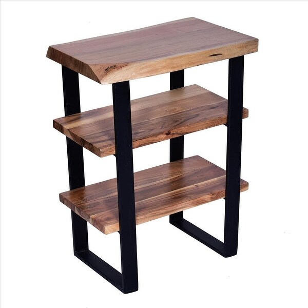 Farmhouse End Table with Live Edge Wood Shelves and Sled Metal Leg Support ， Brown and Black