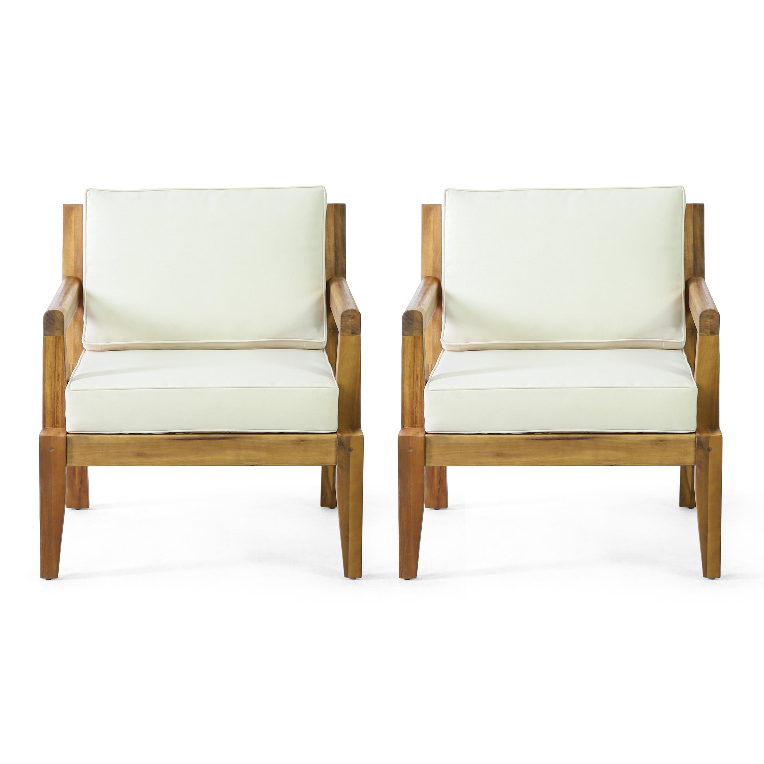 Camak Rossville Outdoor Acacia Wood Club Chairs with Cushions, Set of 2, Teak and Beige