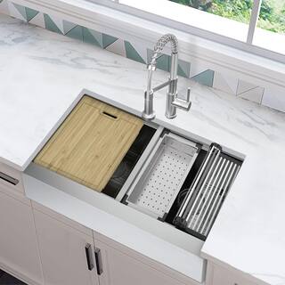 Glacier Bay Professional 33 in Farmhouse ApronFront 16G Double Bowl Workstation Stainless Steel Kitchen Sink with Spring Neck Faucet FSU1ZAS3321A0SA