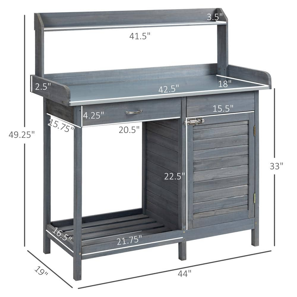 Grey Outdoor Wooden Potting Bench Table Garden Work Station with Storage Cabinet Steel Tabletop Side Hooks Drawer PT-P174492FU