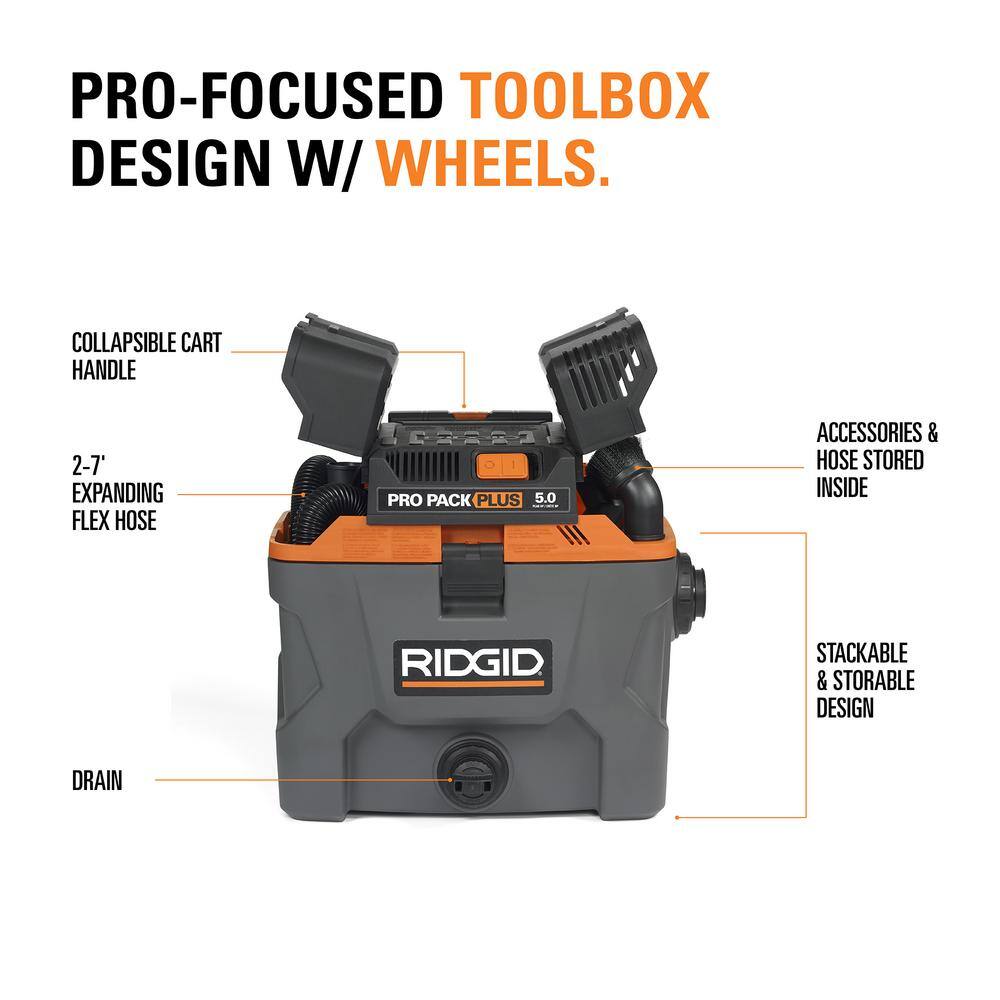 RIDGID 10 Gallon 5.0 Peak HP ProPack Plus WetDry Shop Vacuum with Filter Expandable Locking Hose and Accessories WD1022