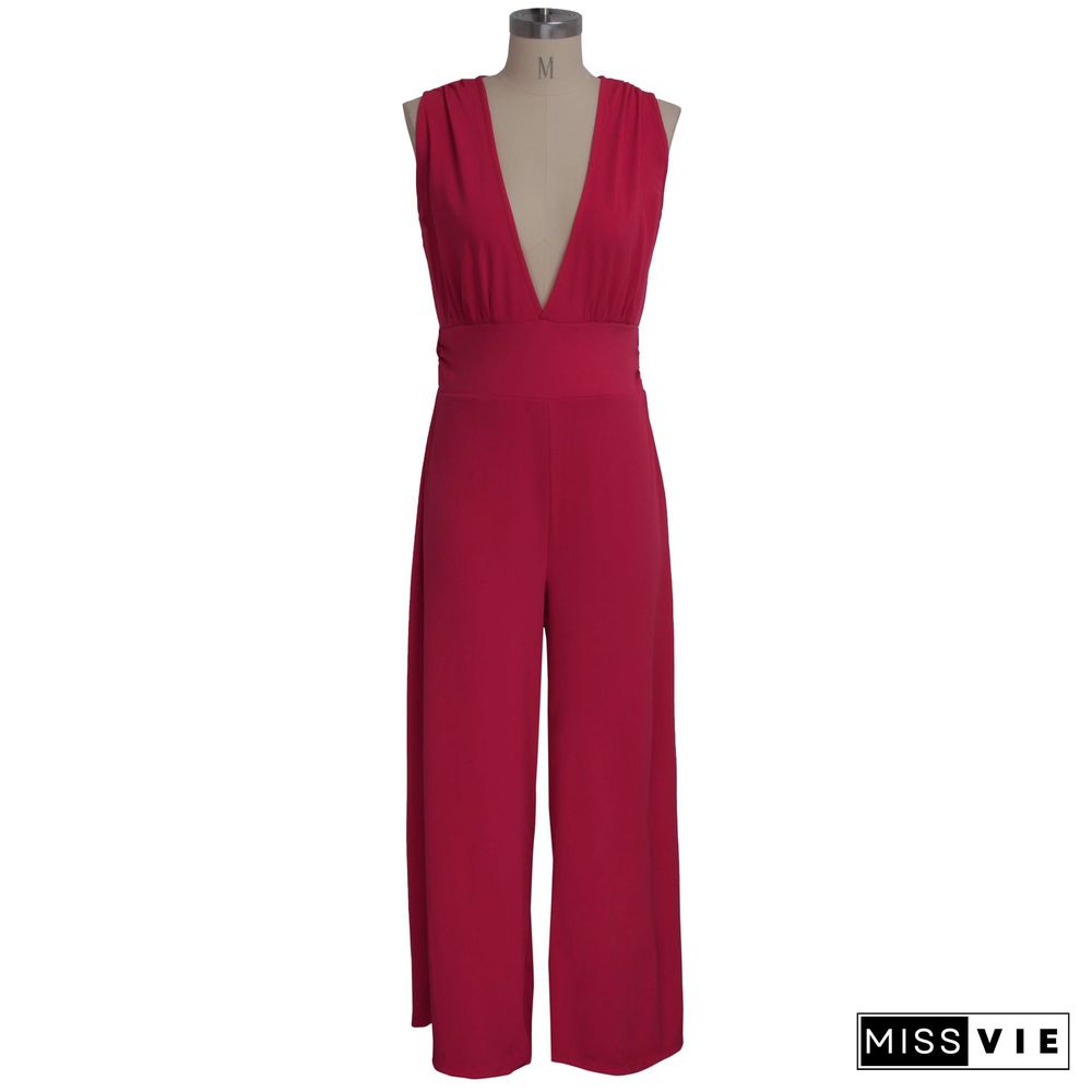 Sexy Deep V Loose Straight-legs Jumpsuit