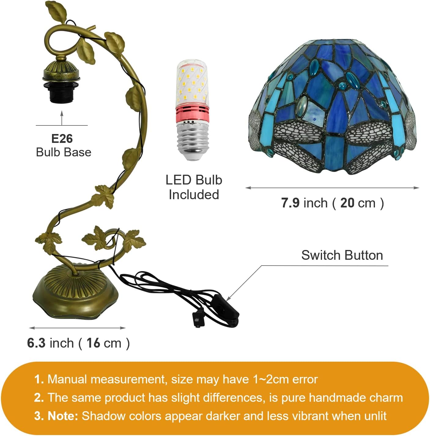 SHADY Tiffany Style Table Lamp 8x10x21 Inch Sea Blue Dragonfly Handmade Stained Glass Desk Lamp with Metal Leaf Iron Decor Vintage Curved Reading Light for Bedside  Living Room  Office (L