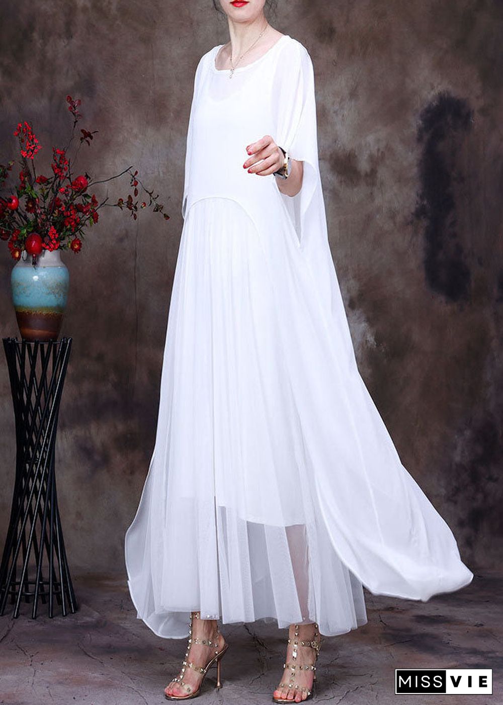 Bohemian White O-Neck asymmetrical design Chiffon Cloak Dress Batwing Sleeve