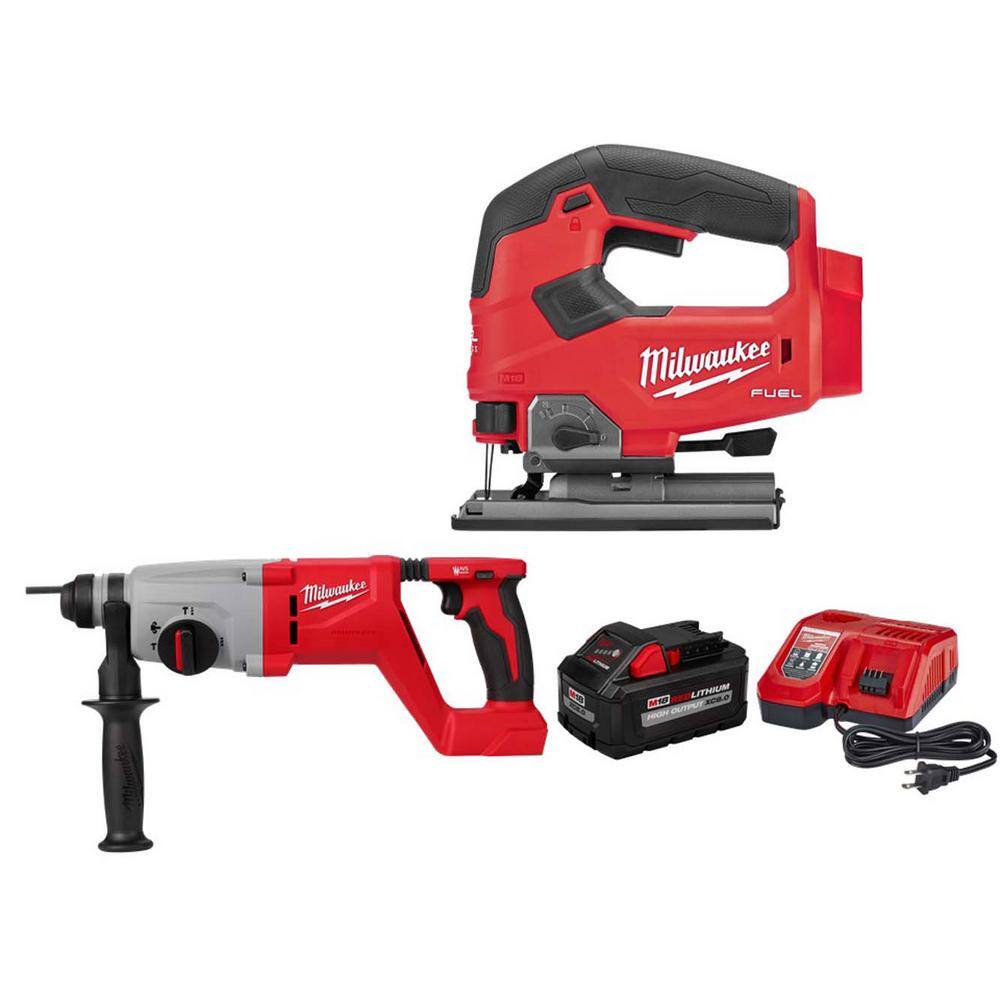 MW M18 FUEL 18V Lithium-Ion Brushless Cordless Jig Saw w1 in. SDS Plus Rotary Hammer  8.0ah Starter Kit 2737-20-2613-20-48-59-1880