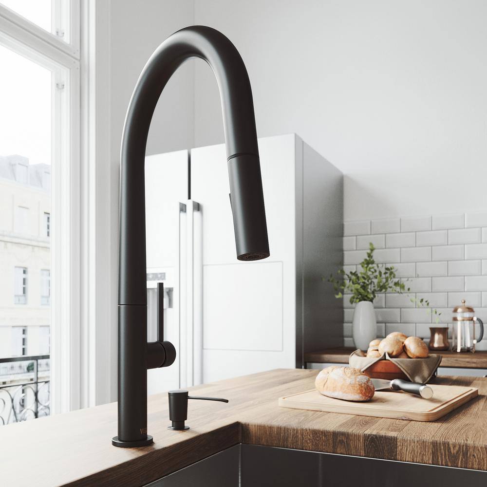 VIGO Greenwich Single Handle Pull-Down Sprayer Kitchen Faucet Set with Soap Dispenser in Matte Black VG02029MBK2