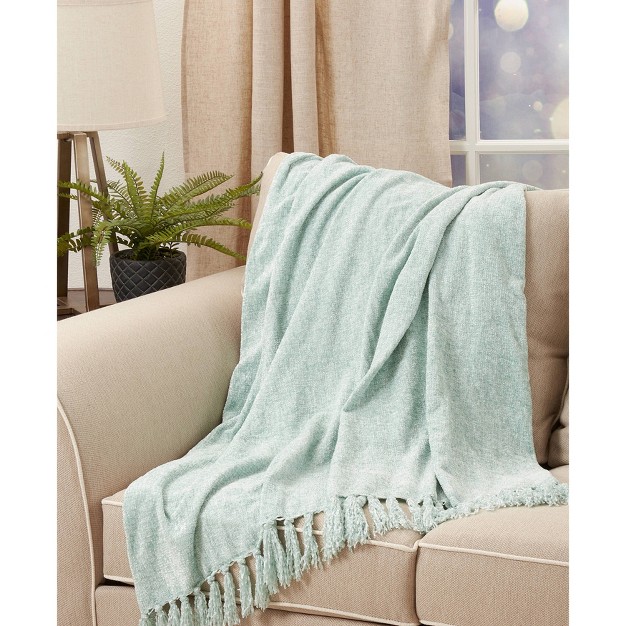 Chenille Throw Blanket With Fringed Edges Aqua Saro Lifestyle