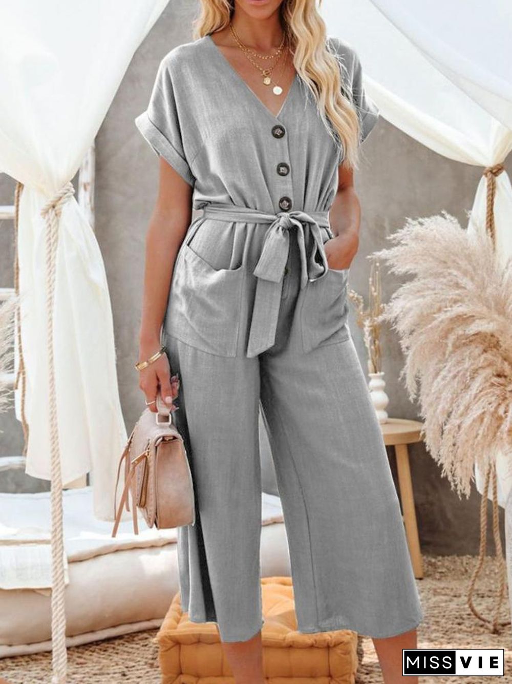 Loose V-Neck Strap Pocket Jumpsuit