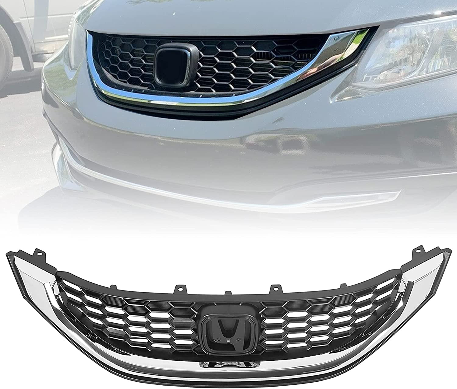 ECOTRIC Front Bumper Grille Black w/Molding for 2013 2014 2015 Honda Civic Sedan Replaces HO1200216 HO1202109 71121TR3A01 71122TR3A01