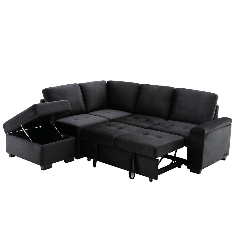 L Shaped Corner Sleeper Sectional Sofa w/ Pull Out Sleep Couch Bed  Convertible Tufted Upholsterd Couch w/ Storage Ottoman   USB