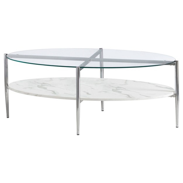 Cadee Oval Coffee Table With Glass Top And Faux Marble Shelf Chrome Coaster