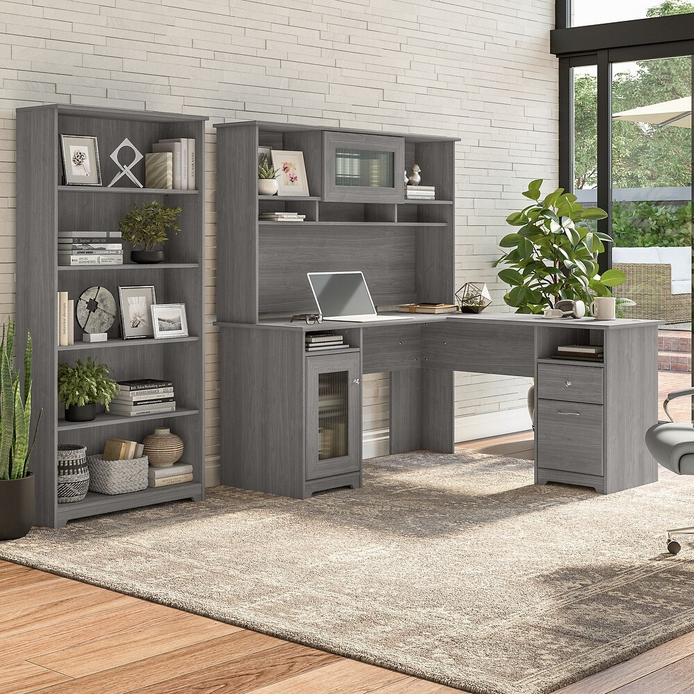 Cabot 60W L Desk with Hutch and 5 Shelf Bookcase by Bush Furniture