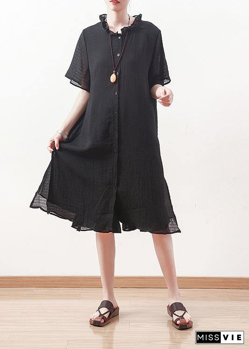 Style black Chiffon Shirts ruffles collar Knee summer Dresses